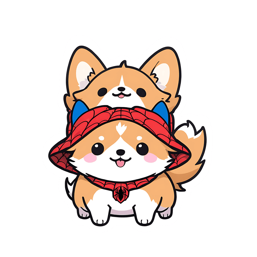Corgi puppy wearing a red spiderweb hood and spider emblem stacked in front of another dog with a white outline.