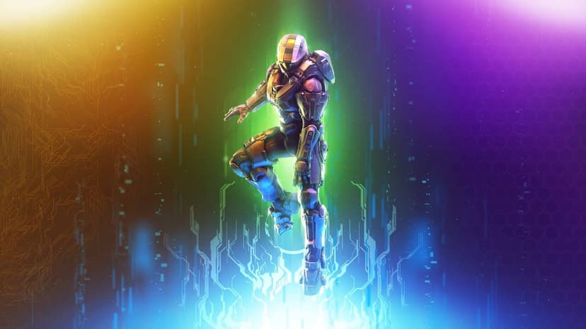 Armored Spartan soldier floating in mid-air above glowing digital circuitry with a vibrant rainbow background.