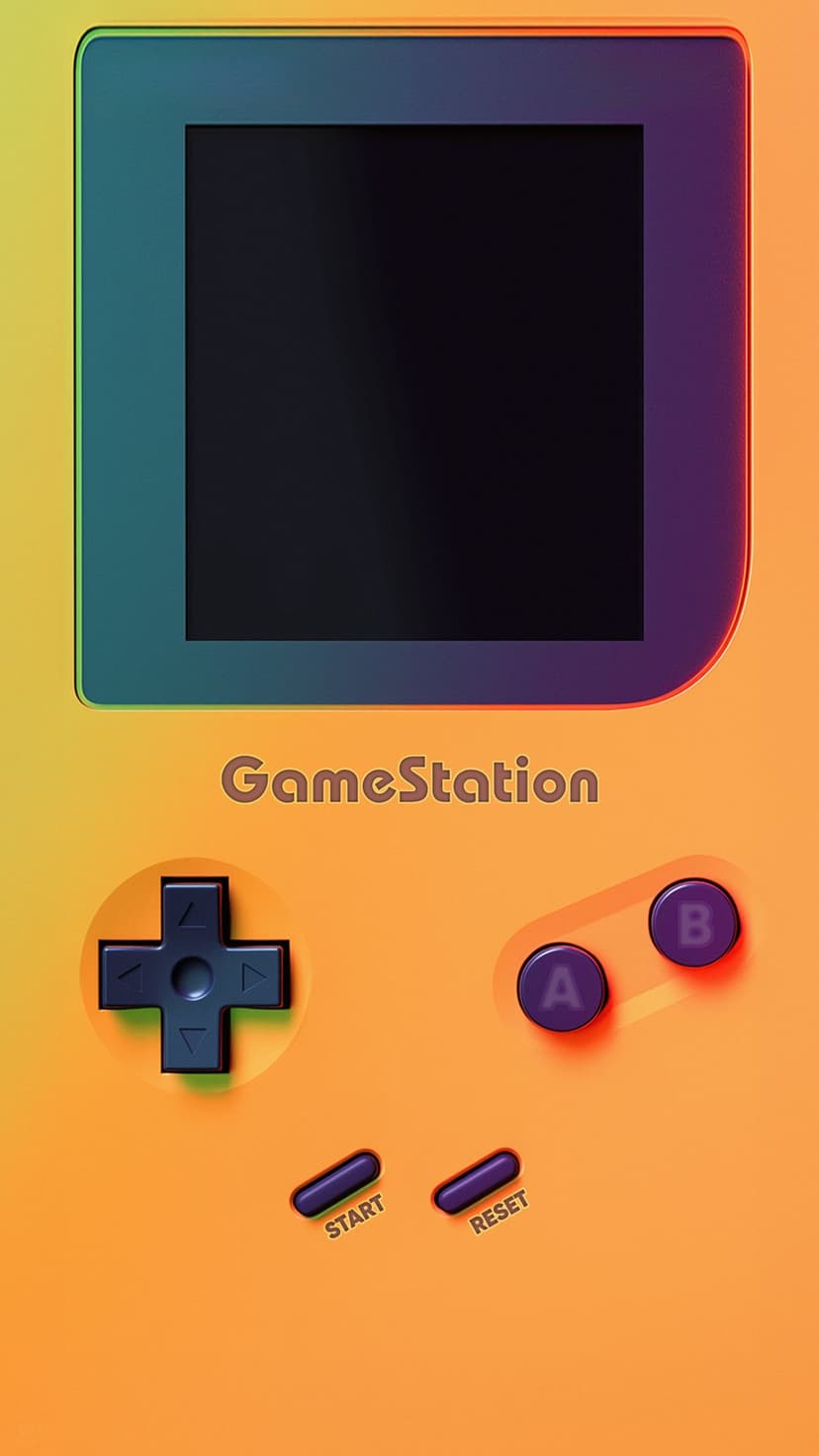 Retro gaming device with a yellow-to-purple gradient body, a directional pad, and circular red action buttons.
