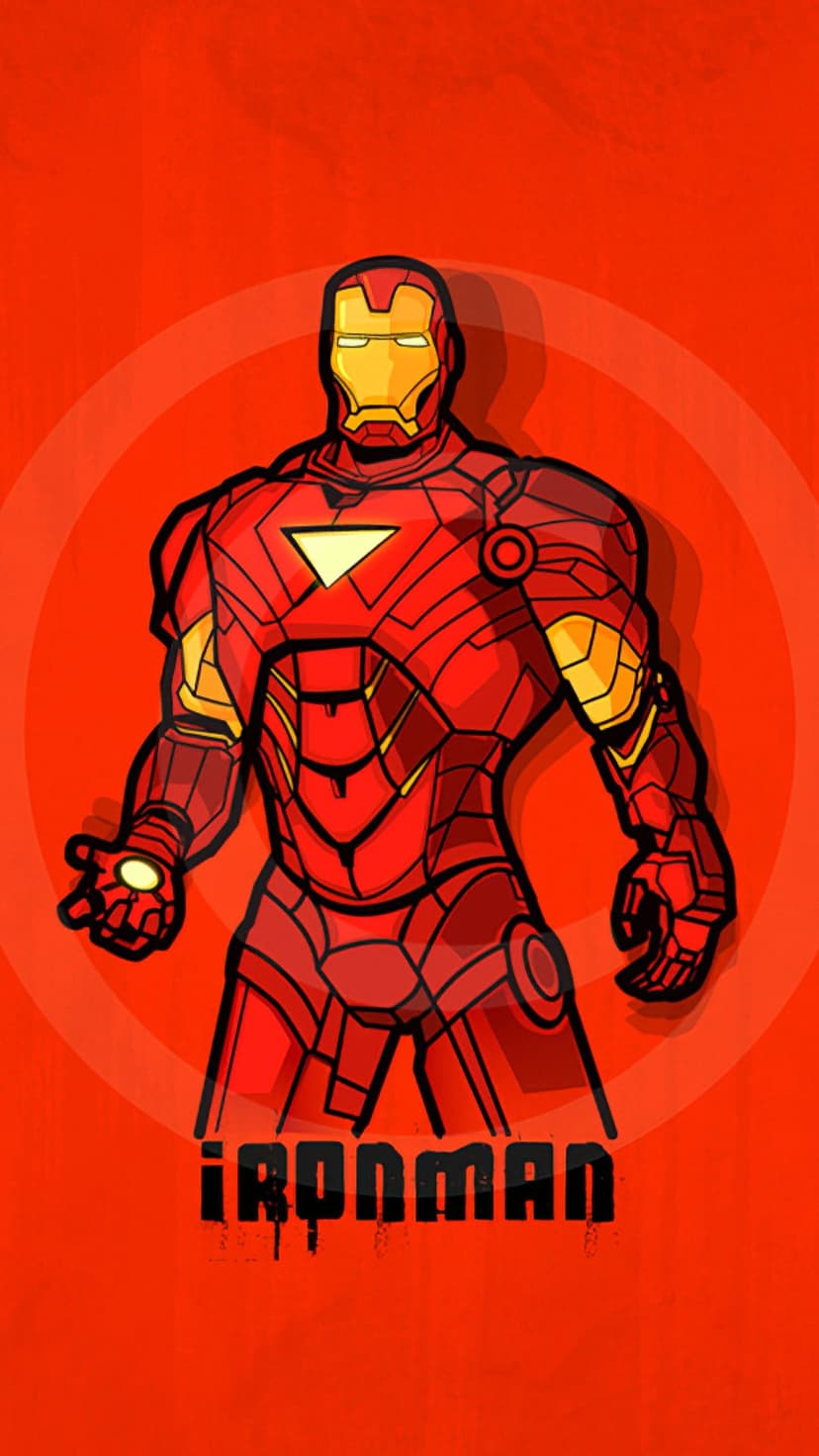 Iron Man in red and gold armor stands before a scarlet circular pattern with bold name text at the bottom.