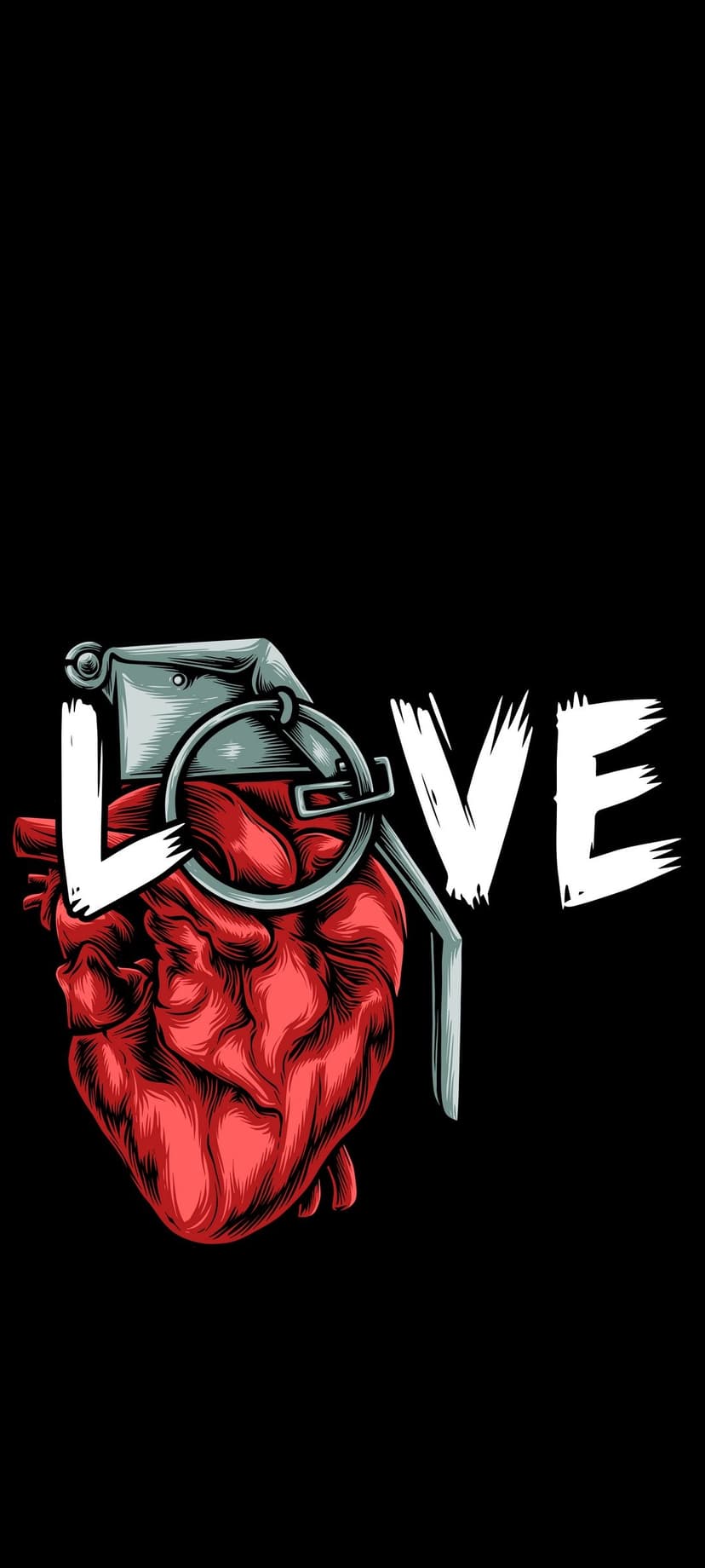 Red heart fused with a silver metallic grenade above bold white Love text on a dark textured background.