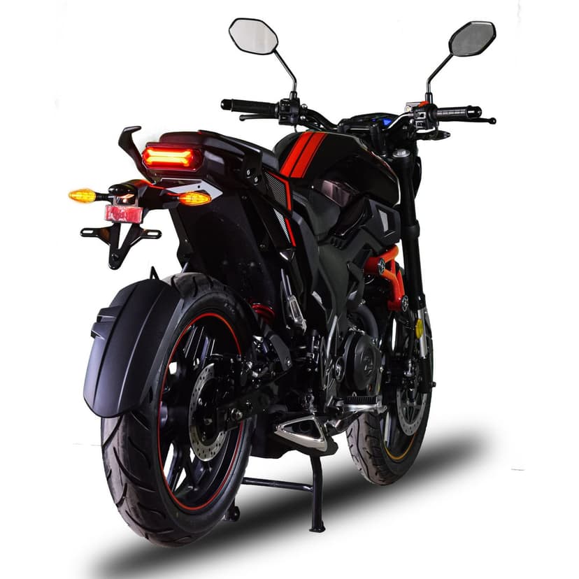 Rear view of a black sport motorcycle with glowing red tail lights and red frame accents on a white background.
