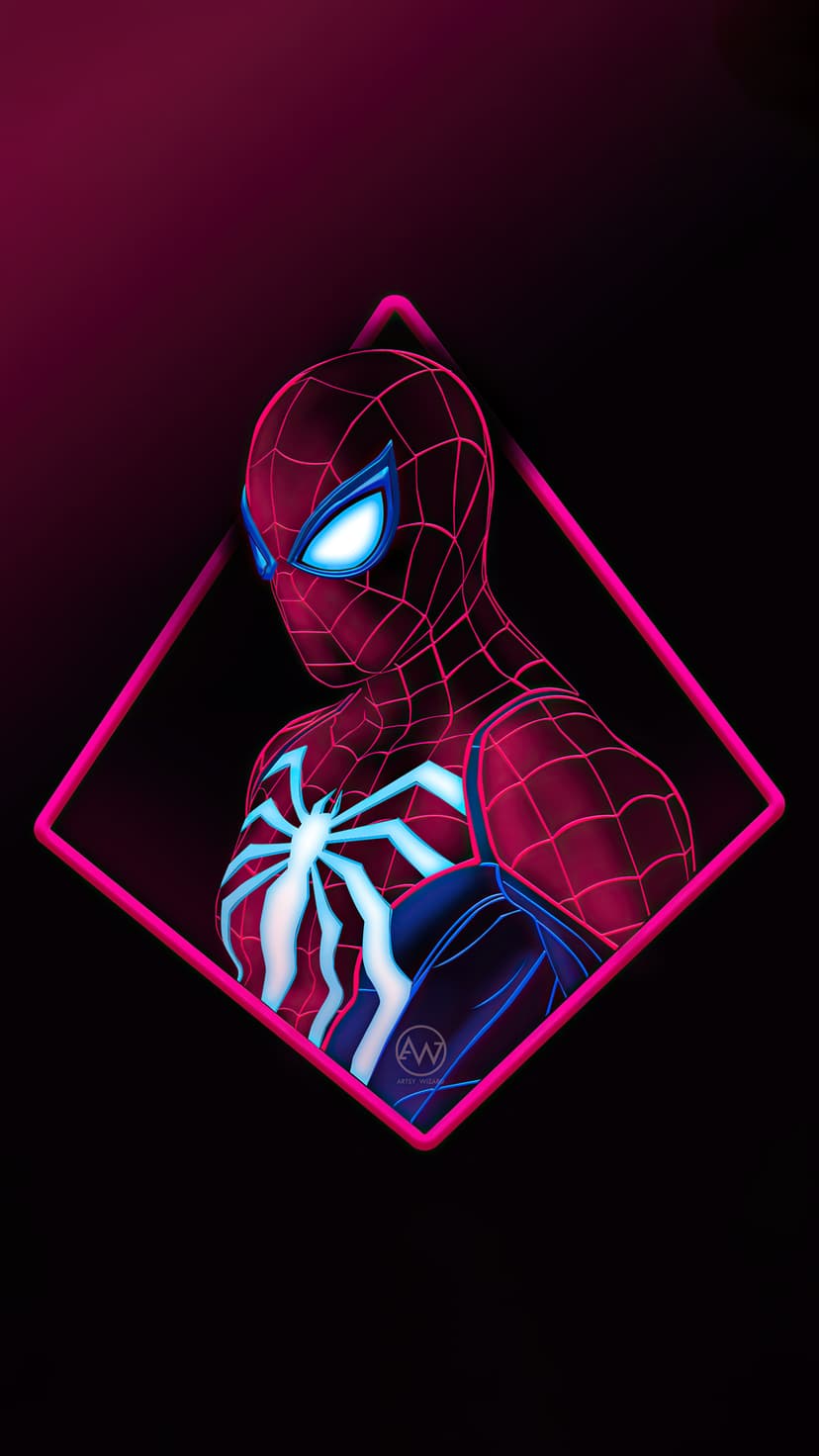 Spider-Man with glowing blue eyes and emblem stands inside a pink diamond outline on a dark gradient background.