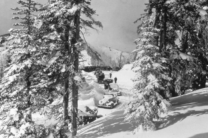 Vintage cars parked on a snowy mountain road with pine trees and jagged peaks under a heavy overcast sky.