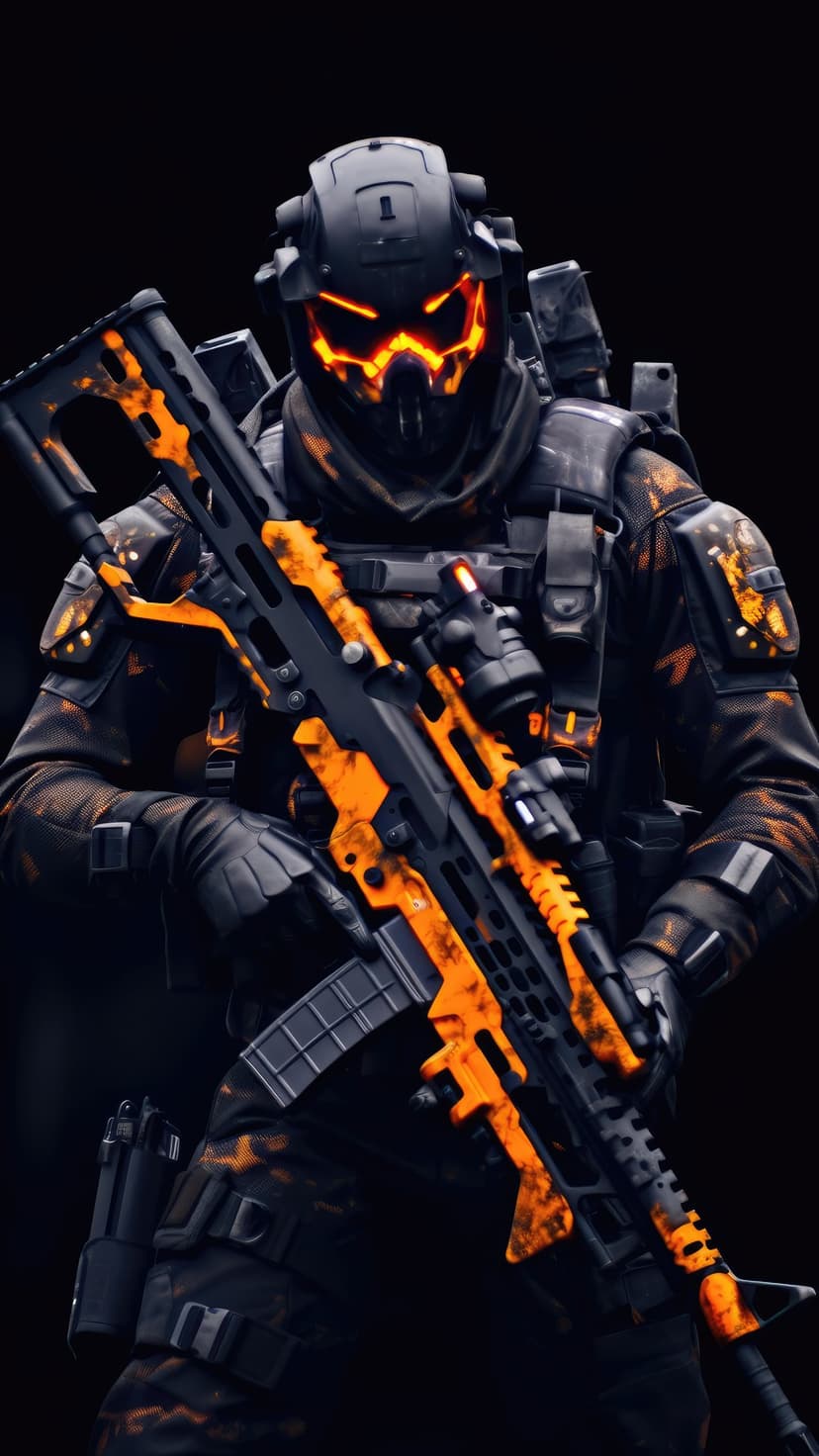 Cybernetic soldier with glowing orange eye visors holds a patterned rifle against a dark, moody background.
