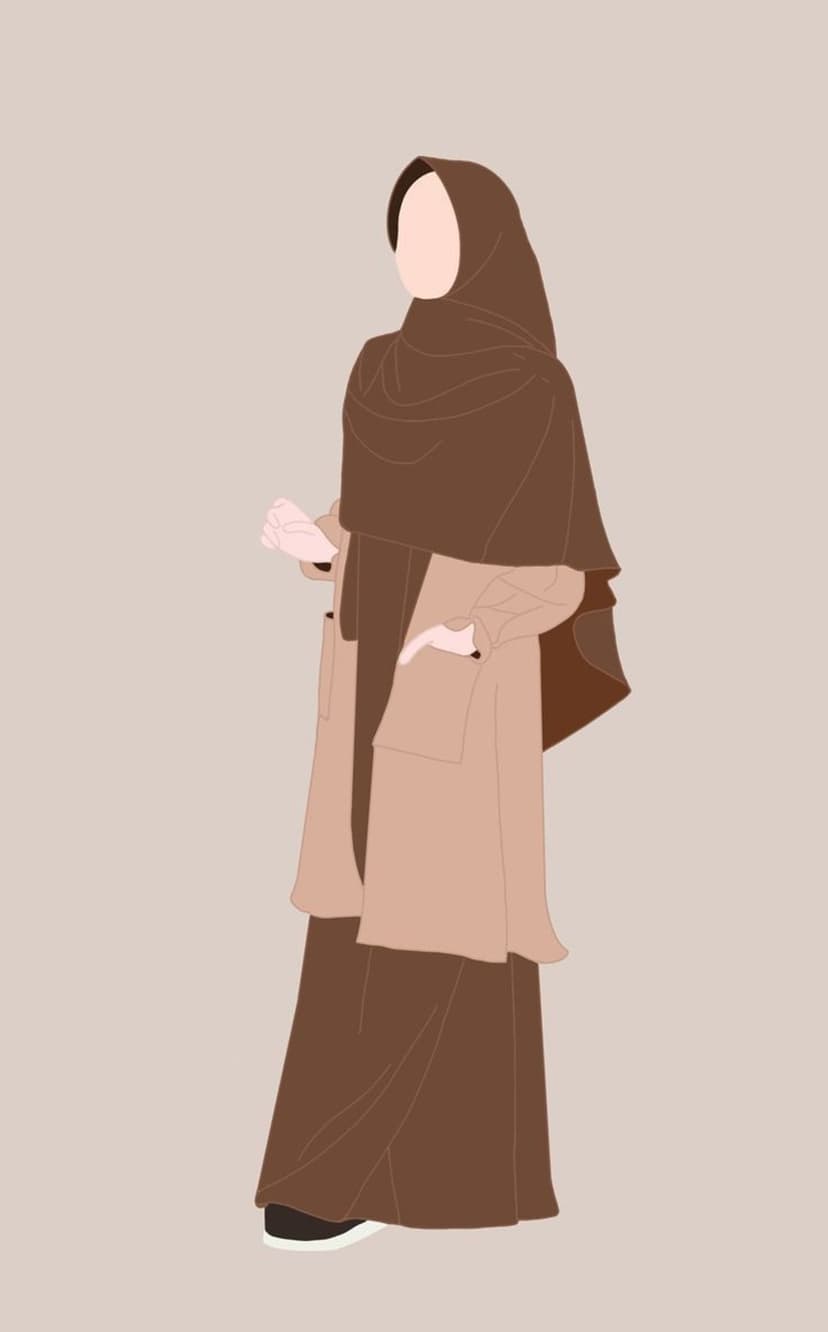 Muslim woman wearing a layered brown abaya and matching hijab stands against a neutral, minimalist background.
