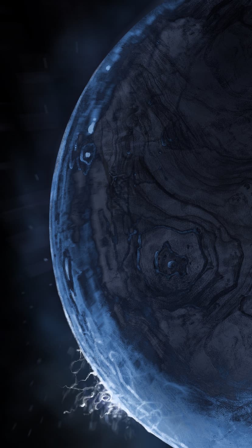 Dark blue planet with intricate swirling surface patterns and a bright neon edge emitting light into deep space.