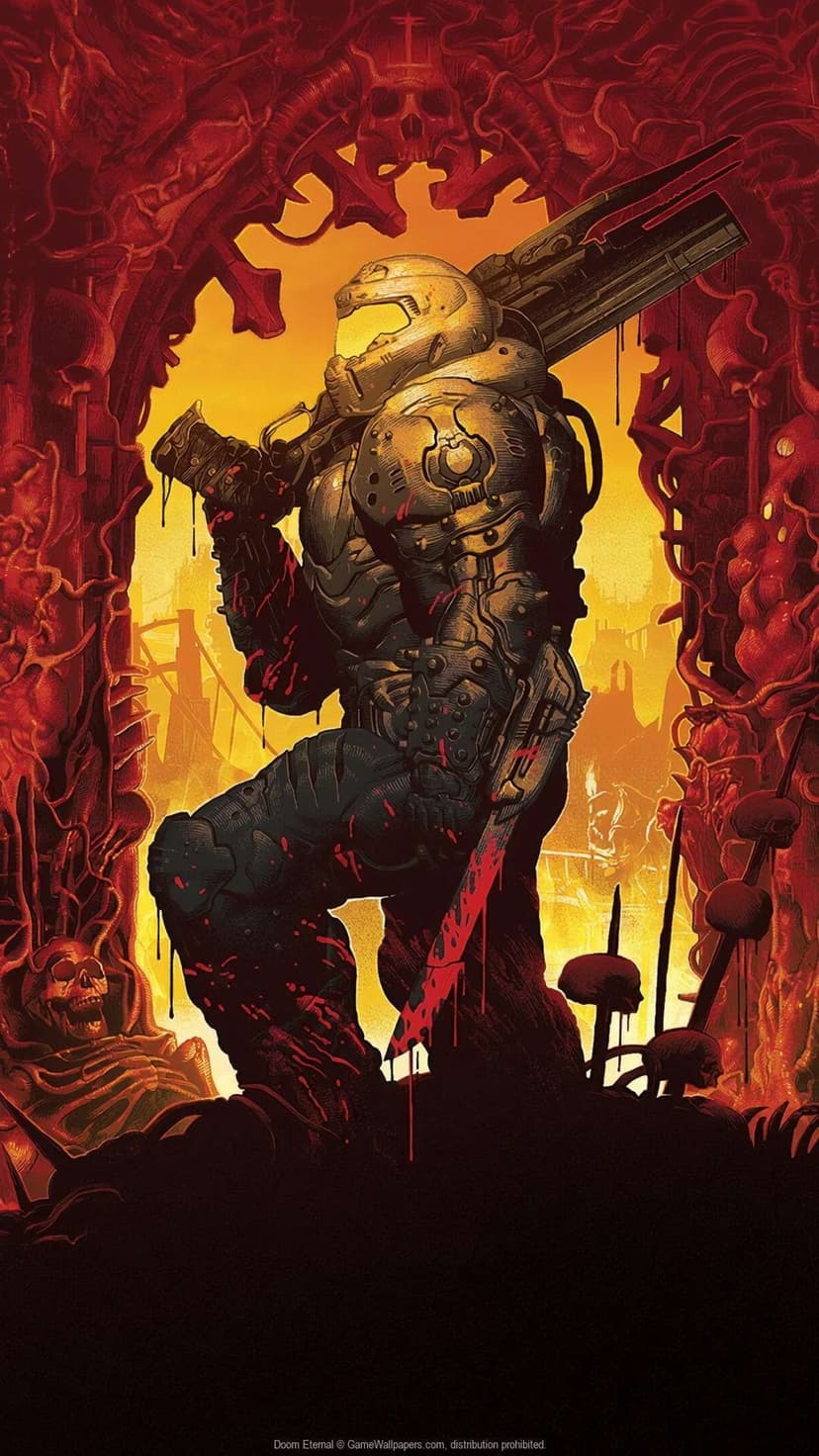 Doom Slayer in Praetor Suit holding a shotgun against an orange hell background framed by skulls and red flesh.