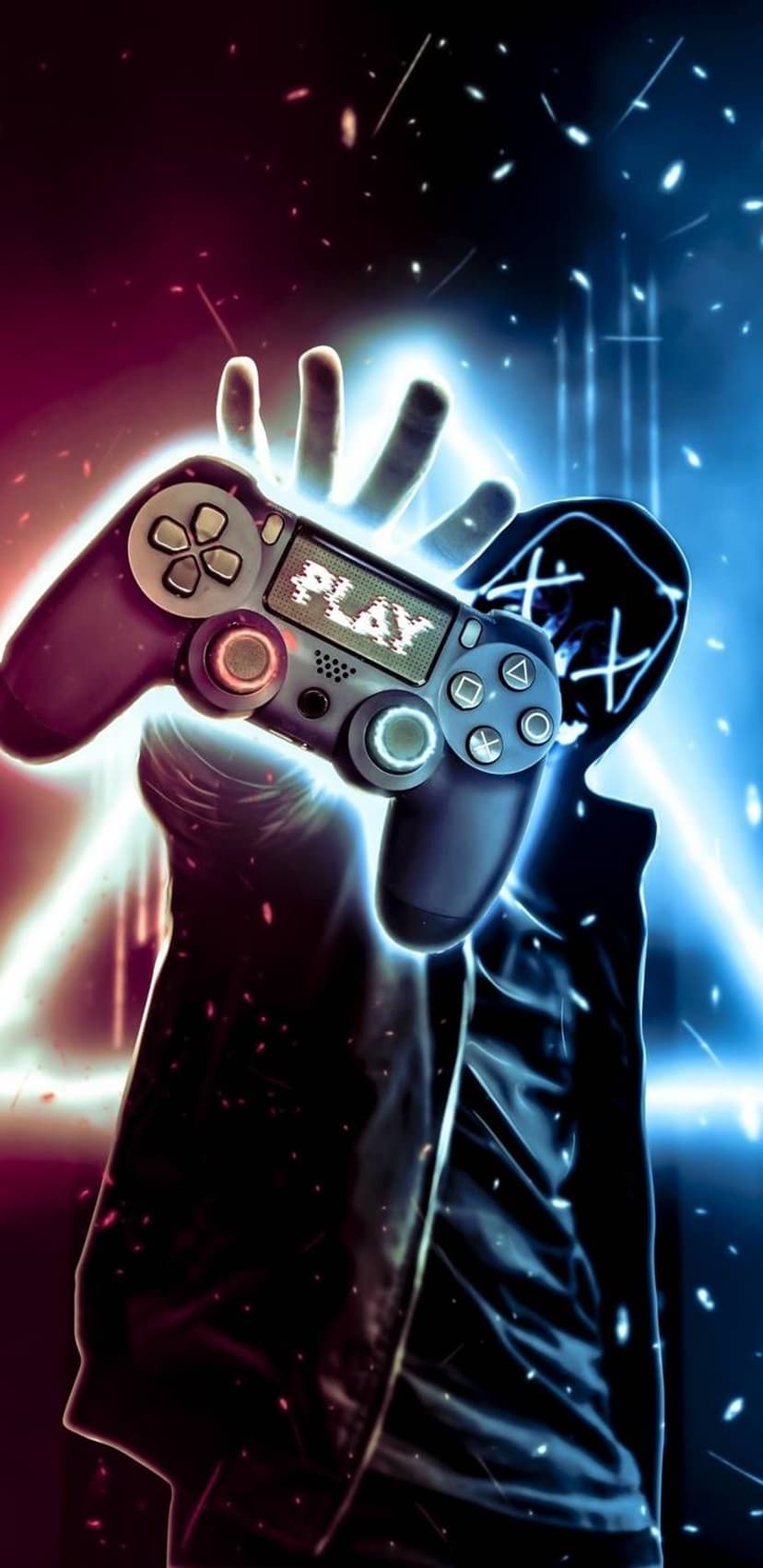 Gamer in a glowing neon mask holds a PlayStation controller with a pixelated play button in red and blue light.
