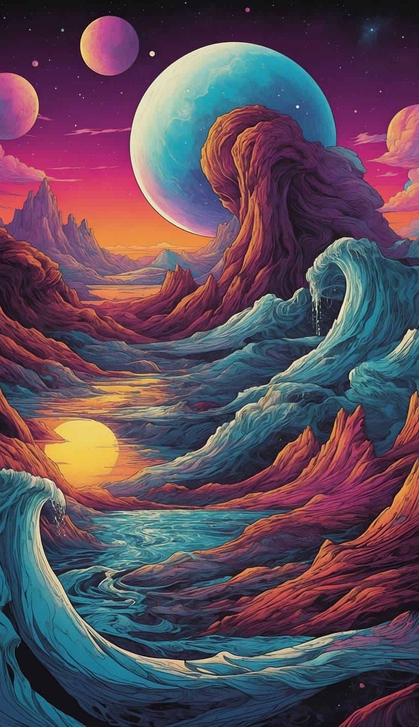 Giant ringed planets and distant moons hang above a jagged mountain range with undulating purple terrain.