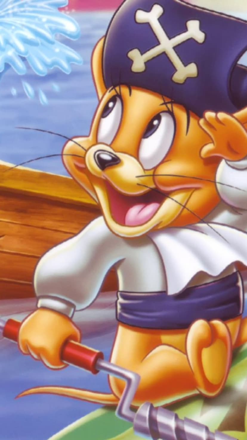 Pirate cat with a skull hat rows a boat through blue ocean waves while wearing a white ruffled shirt and sash.