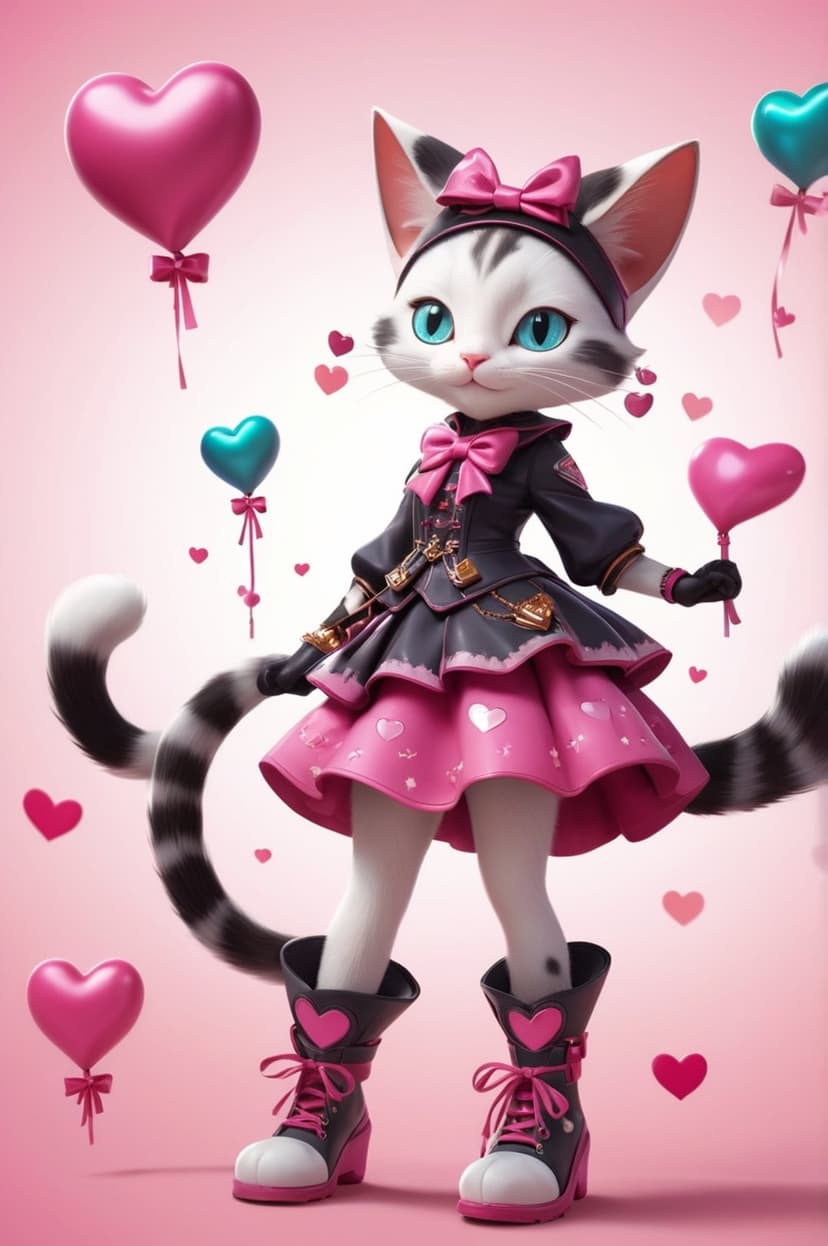 Anthropomorphic cat wearing a pink outfit and boots surrounded by floating teal and pink heart-shaped balloons.