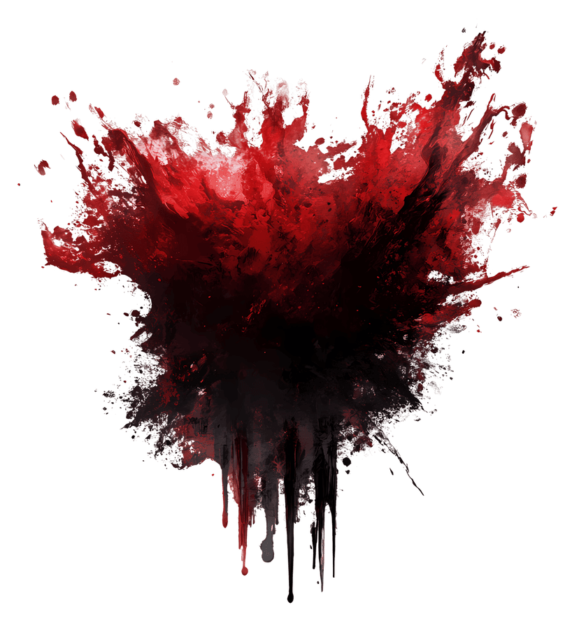 Red black paint splatter abstract featuring sharp crimson droplets and dark ink splotches on a clear background.