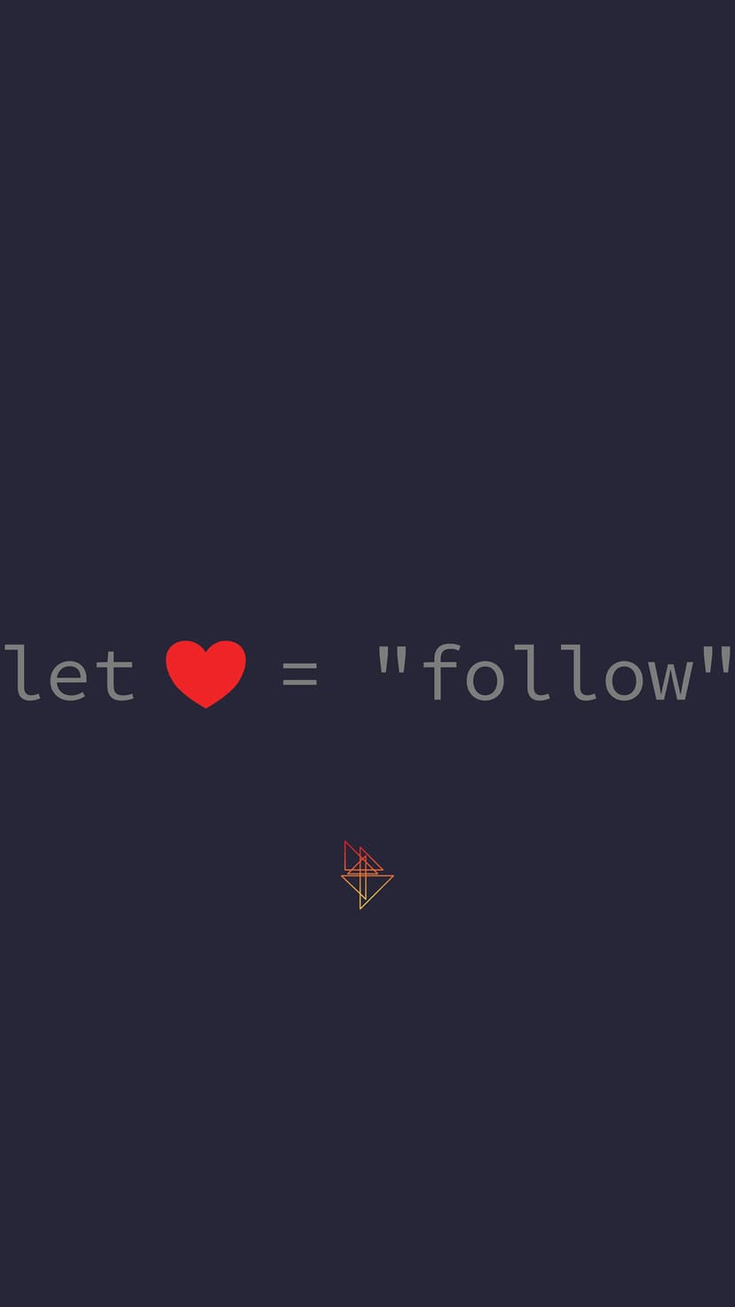 Programming syntax showing a heart variable assigned to follow text against a black background with icons.