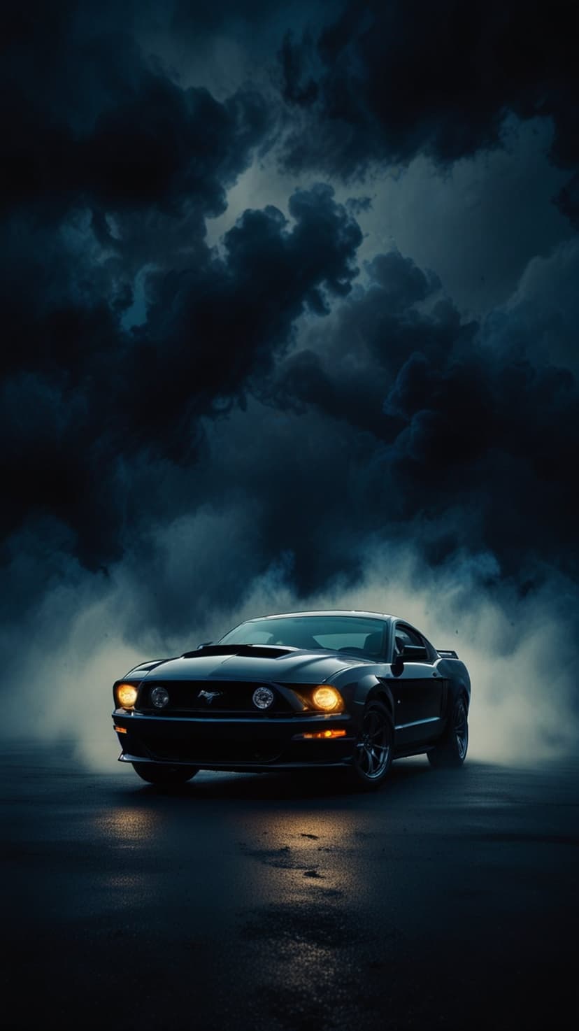 Black Ford Mustang with glowing headlights on wet pavement under dark stormy clouds and thick rolling fog.