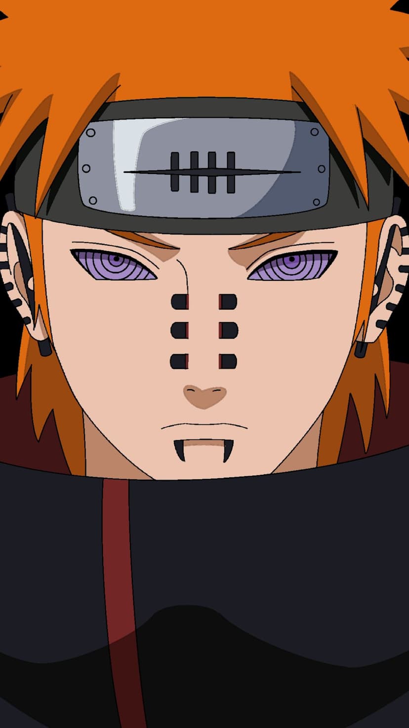 Pain displays purple Rinnegan eyes and black facial piercings with a metallic Hidden Rain village headband.