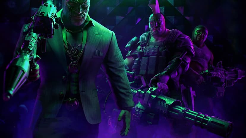 Three masked Luchadores characters from Saints Row posing with heavy weapons in purple and green light.