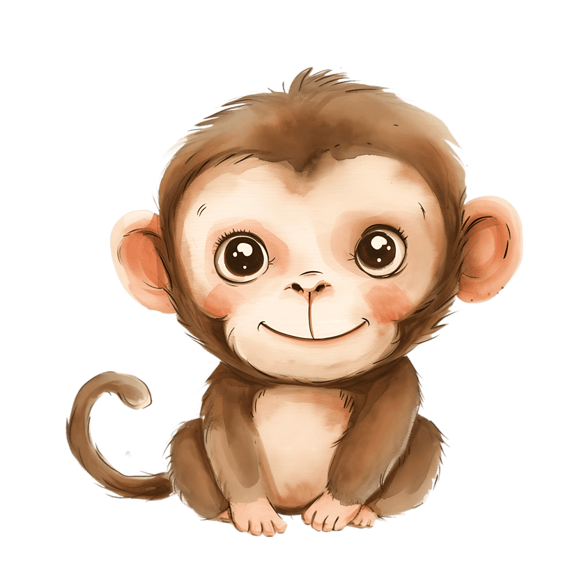 Monkey watercolor illustration sitting in a front-facing pose with large eyes and a curled tail.
