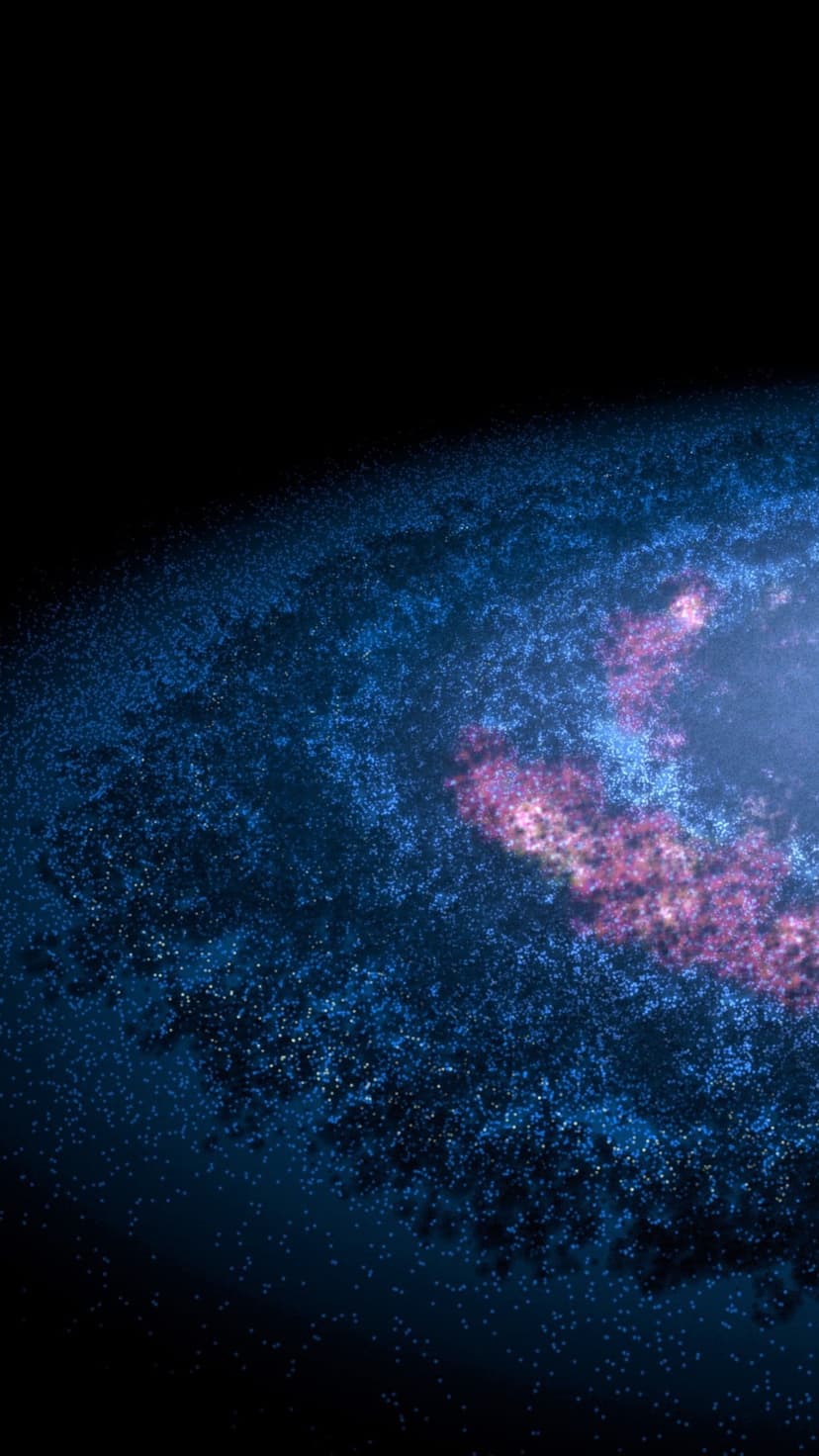 Spiral nebula with glowing pink and blue cosmic dust clouds swirling around a dense core of bright white stars.
