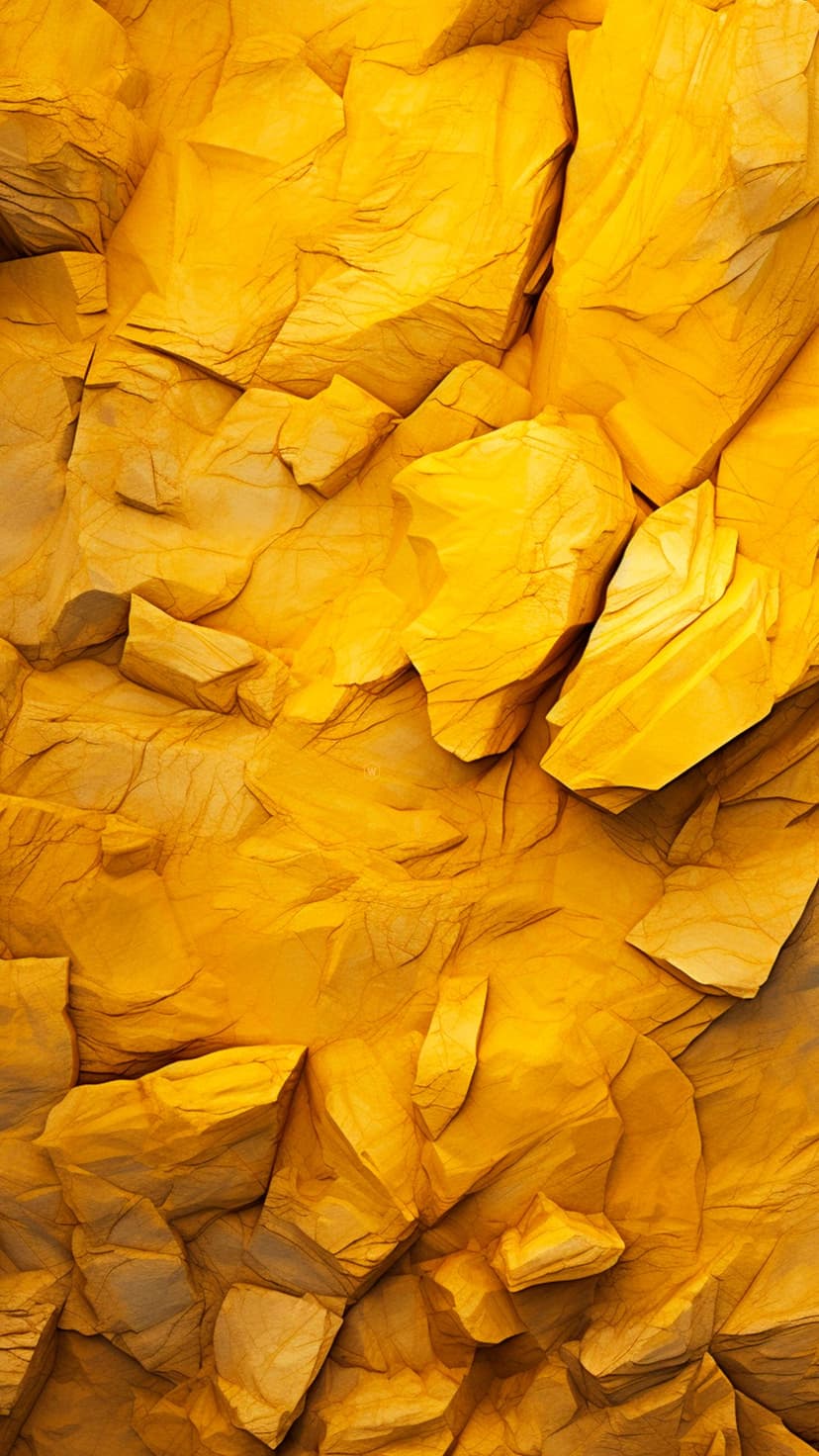 Yellow rock formation with sharp sedimentary layers and deep geological striations in a vertical close-up.
