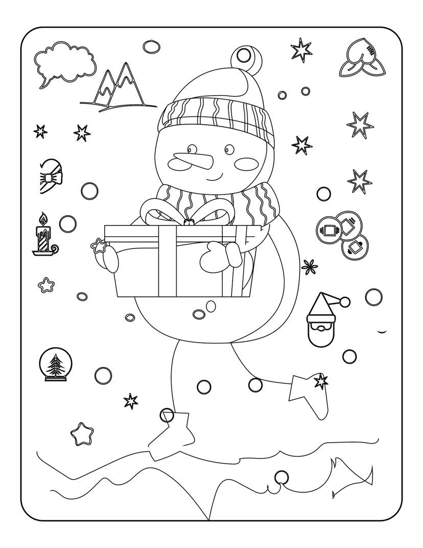 Christmas snowman coloring page with gift, snow globe, and Santa silhouette in sharp black line art outline.