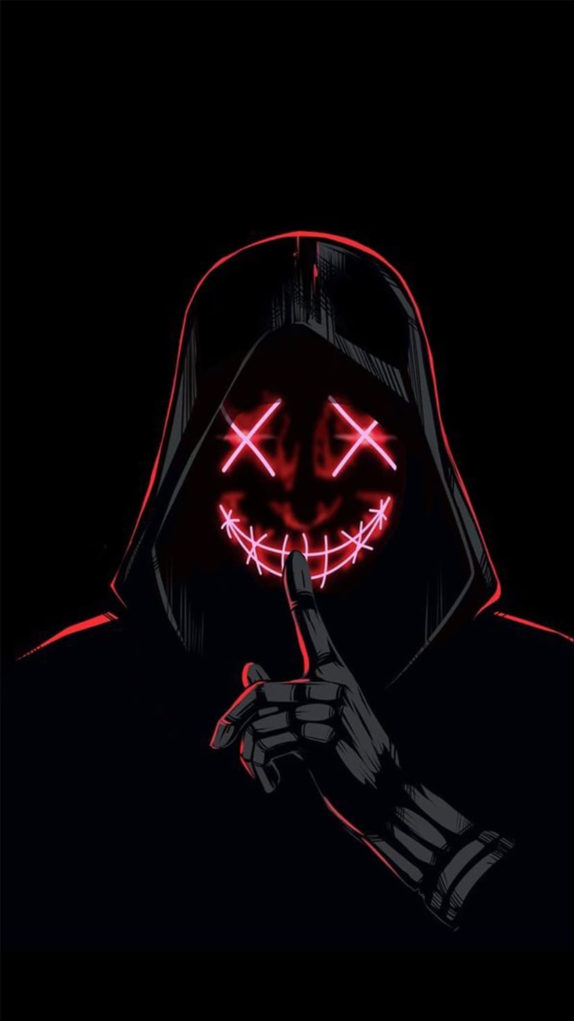 Masked figure with glowing red X eyes and stitched mouth holding a finger to their lips against a black background.