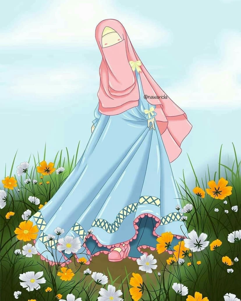 Woman wearing a pink niqab and blue dress stands in a field of yellow and white wildflowers under a blue sky.