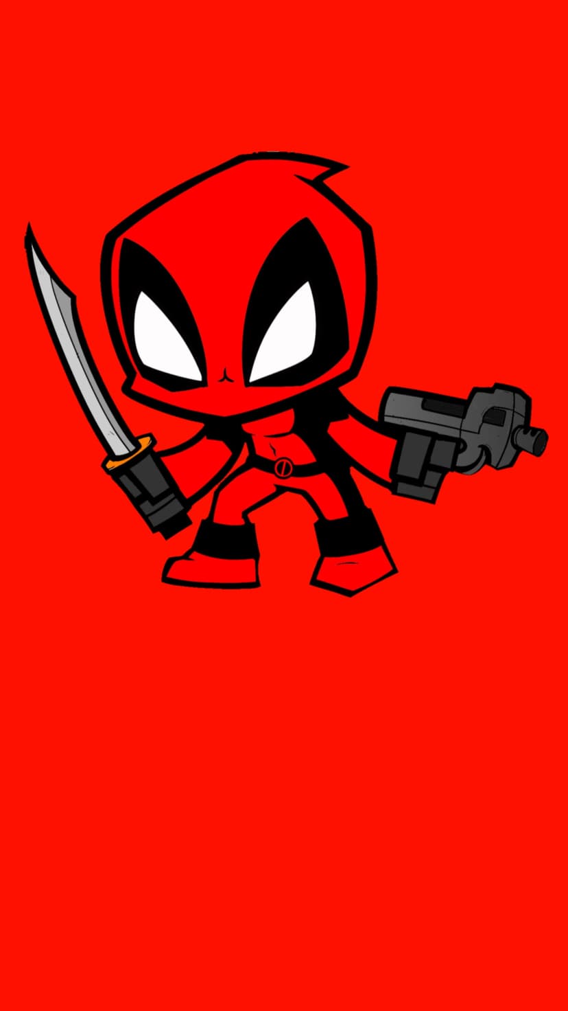 Deadpool as a small character wielding a sword and pistol while standing against a solid, vibrant red backdrop.
