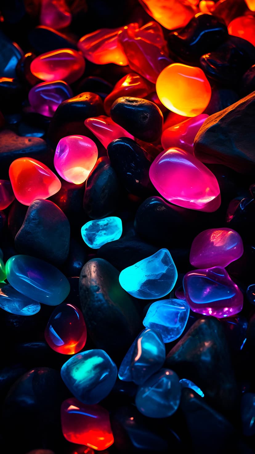 Polished gemstones glowing in neon pink, blue, and orange hues on a dark surface with shallow depth of field.
