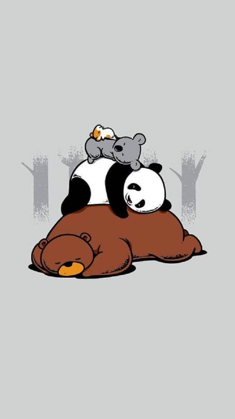 Brown bear, panda, and gray bear stacked together with a tiny bird on a minimalist gray forest background.
