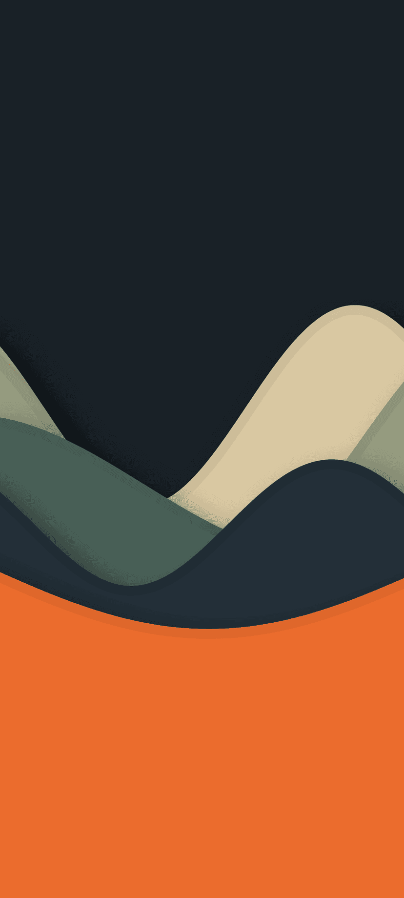 Tiered wavy curves in orange, navy blue, and green create a minimalist landscape with soft depth and shadows.