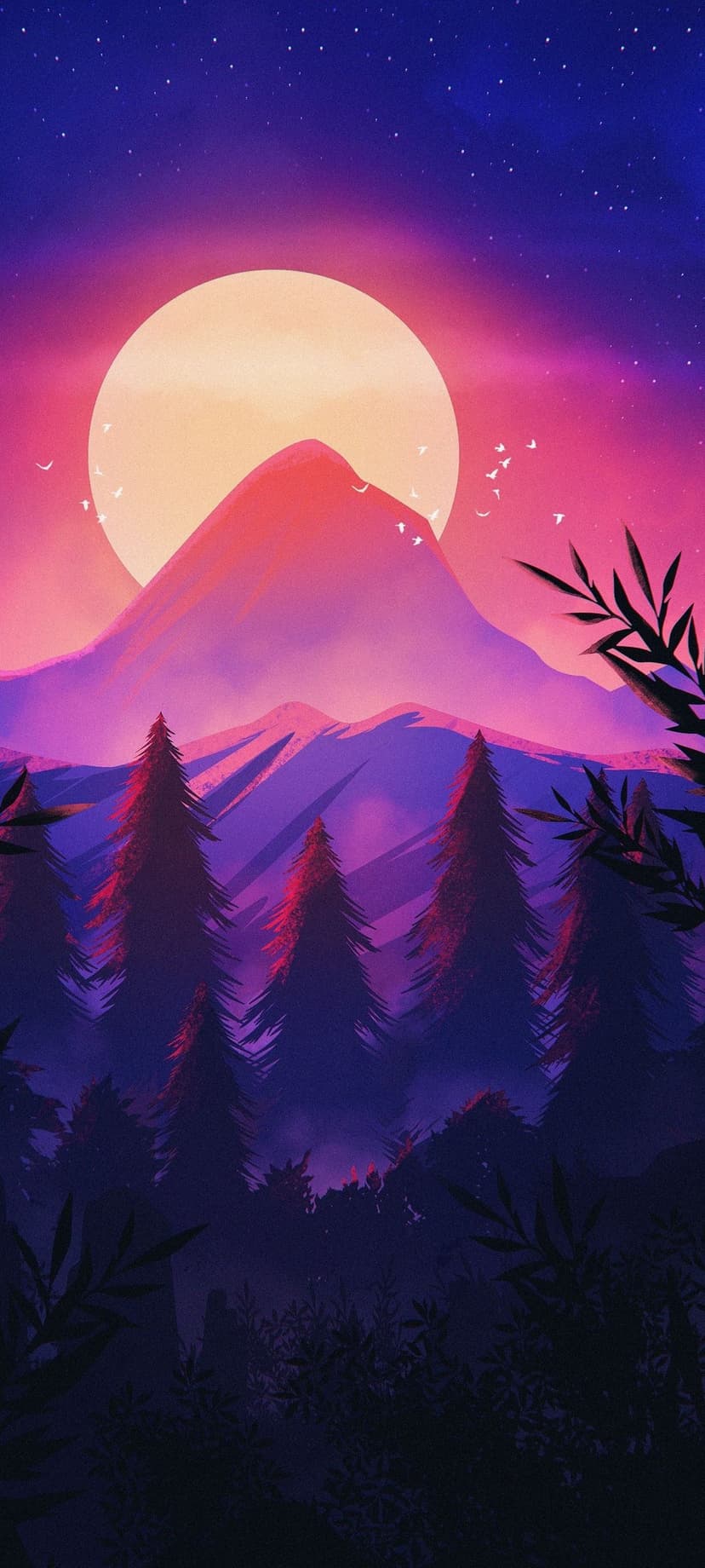 Giant glowing sun setting behind sharp mountain peaks and pine forest silhouettes under a starry purple sky.