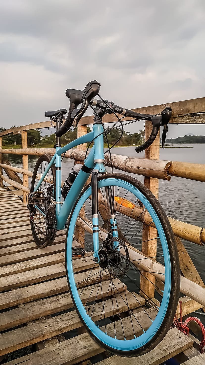 Light blue gravel bike with blue rims parked on a weathered wooden boardwalk beside a calm lake under clouds.