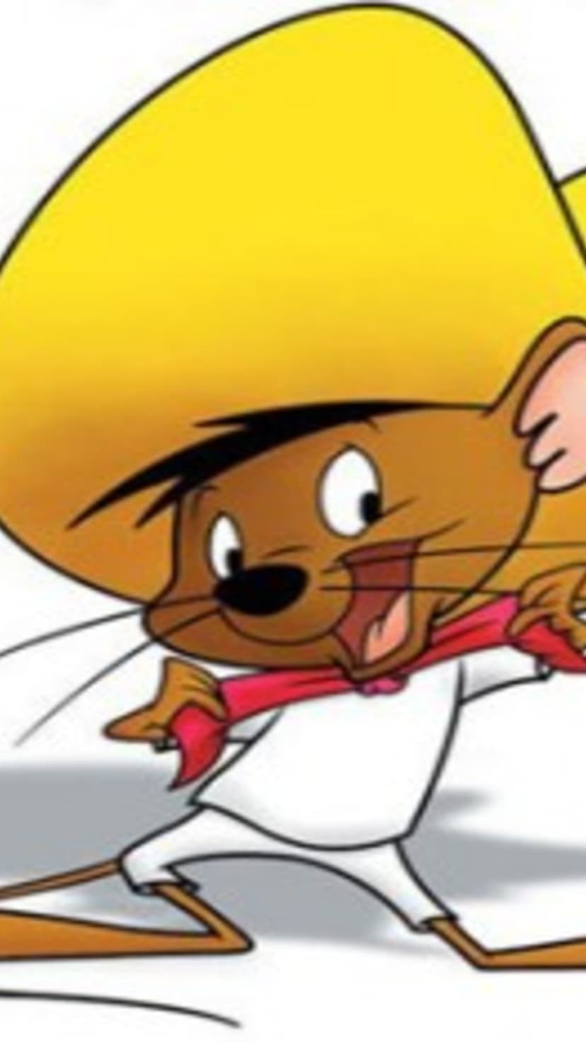 Speedy Gonzales wearing a wide yellow sombrero and red neckerchief shouts with an energetic expression.