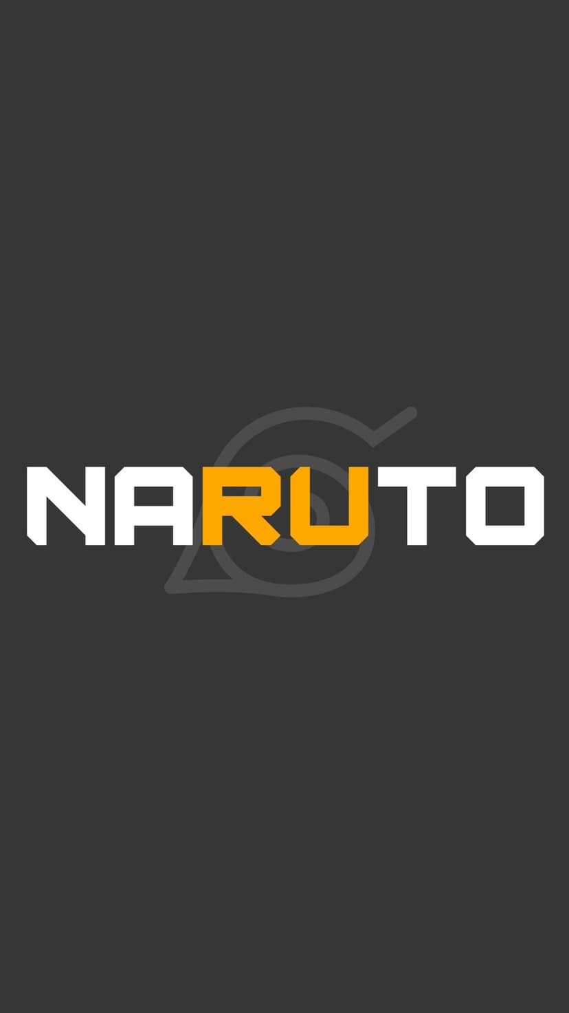 Orange Naruto text centered over a faint gray Hidden Leaf Village symbol against a dark charcoal background.