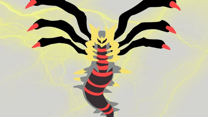 Giratina Origin Forme featuring black wings and red claws against a grey backdrop with yellow lightning.