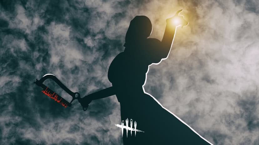 Silhouette of a nurse holding a bloody saw and reaching for a glowing light against dark smoky clouds.