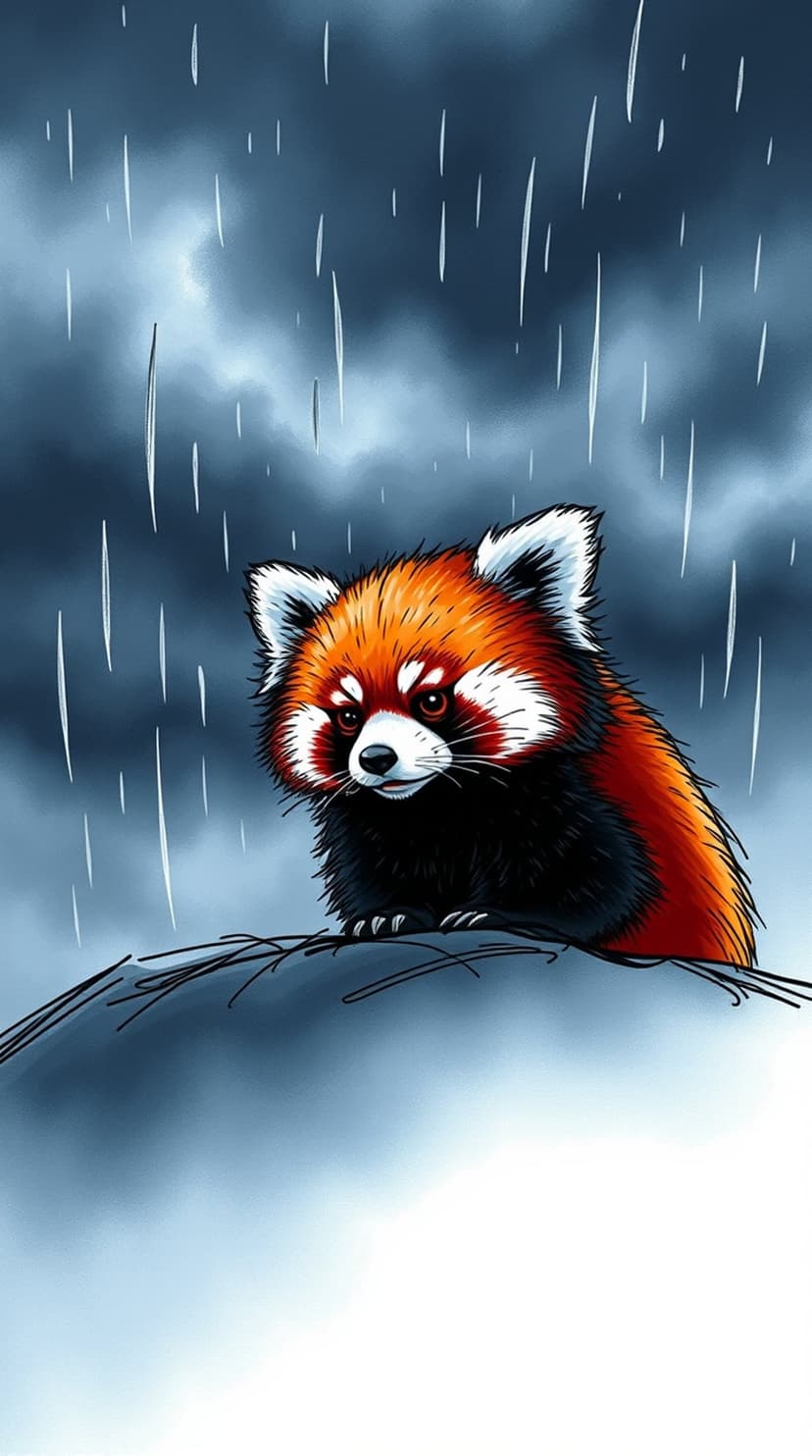 Red panda sitting on a rock during a storm with heavy rain streaks falling from a dark, dramatic sky.