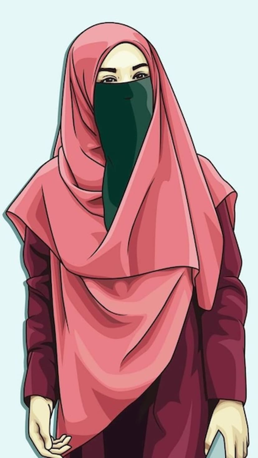 Woman wearing a pink hijab, dark green niqab, and maroon robe set against a solid pastel light blue background.