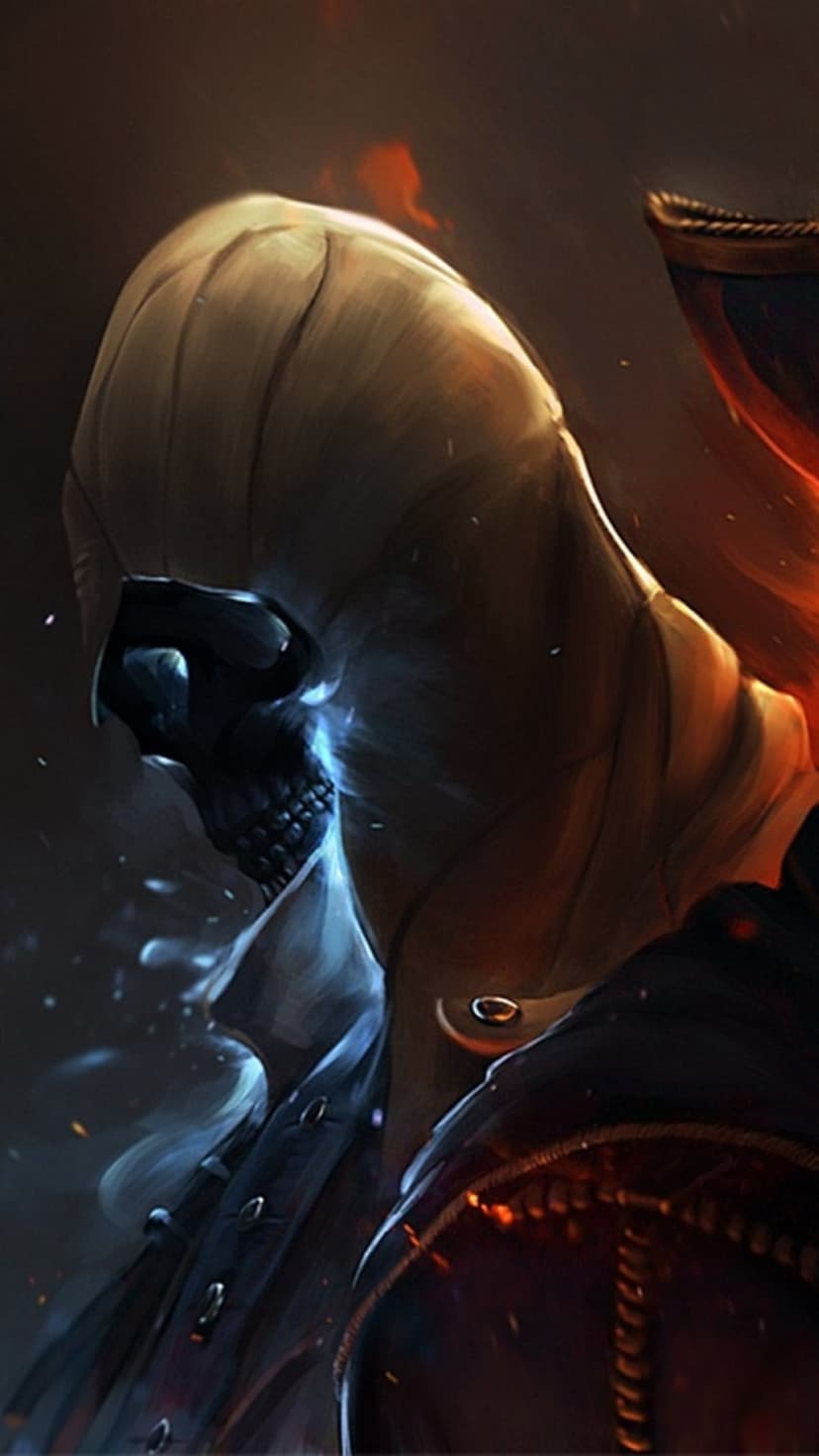 Skeletal face with blue energy wisps wearing a dark hood surrounded by swirling orange and red fire embers.