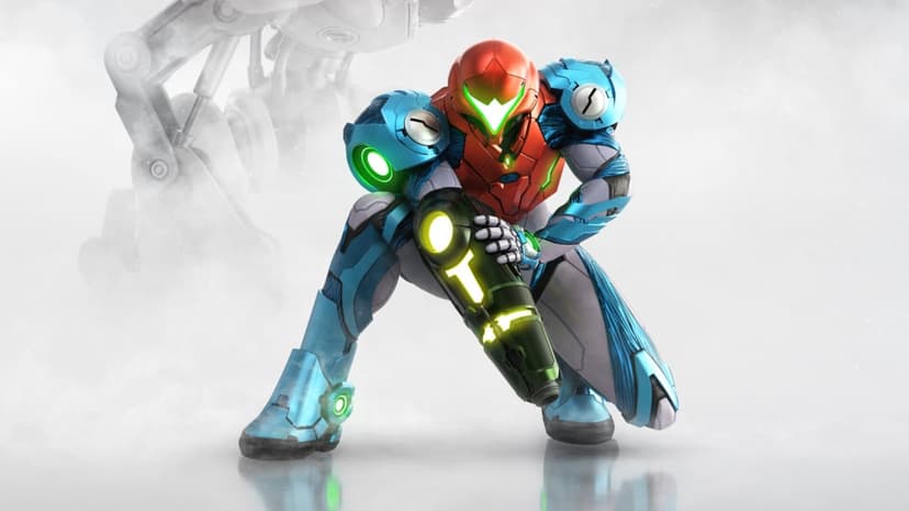 Samus Aran in a blue and red power suit kneels with a glowing arm cannon against a misty white background.