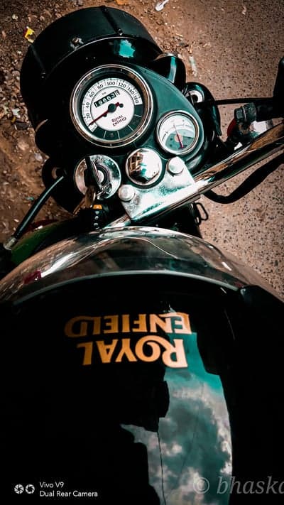 Royal Enfield motorcycle detail, speedometer and fuel gauge