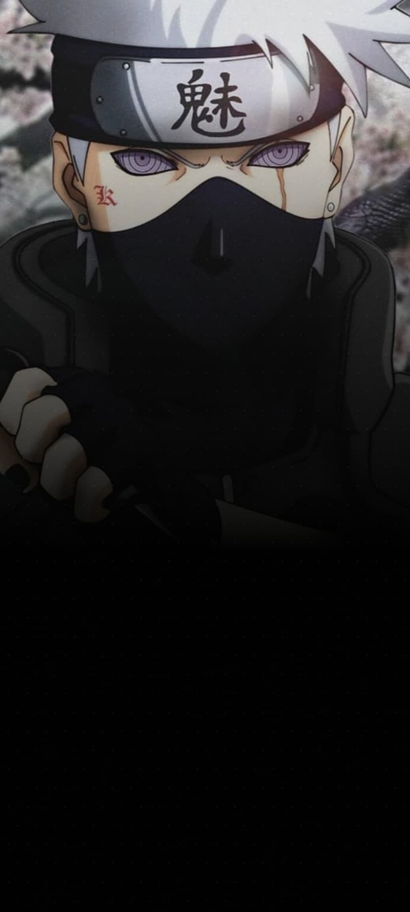 Kakashi Hatake with a crimson Sharingan eye and a metal forehead protector over his masked face in low lighting.