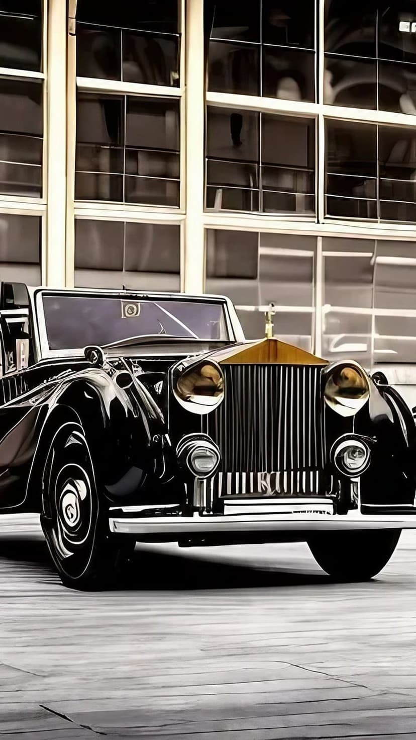 Black vintage Rolls-Royce convertible with a golden hood ornament parked on a polished wooden floor indoors.