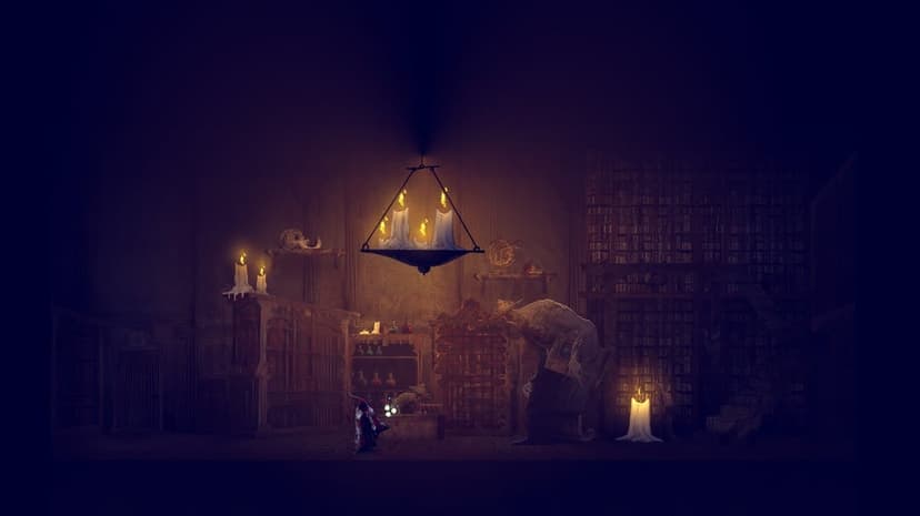 Giant scholar holding a book in a dark library lit by large candles and a central hanging candelabra.