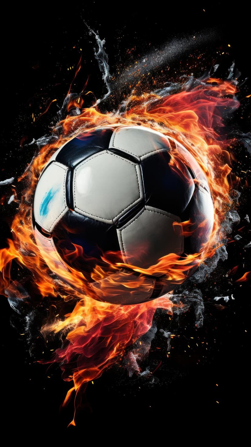 Soccer ball engulfed in orange flames and gray smoke against a black background with glowing embers and sparks.