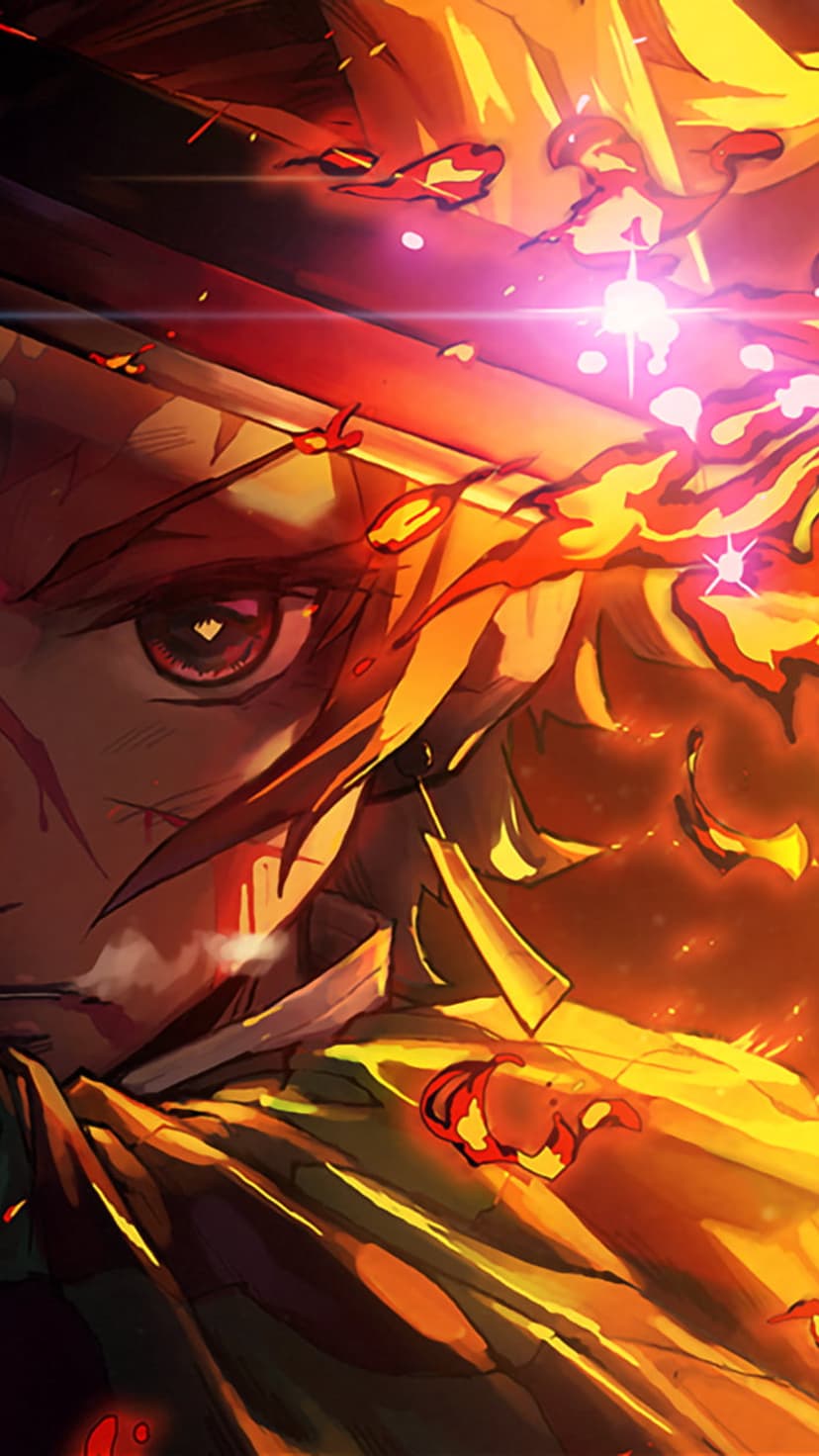 Anime warrior with a glowing red eye and a sword blade surrounded by swirling orange flames and embers.