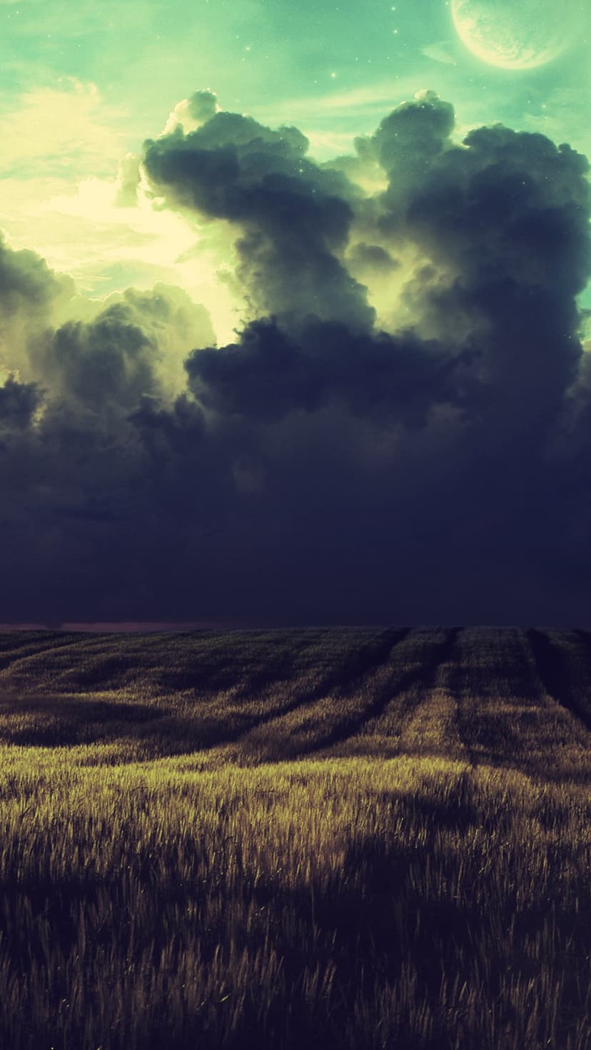 Golden crops stretch toward a glowing green and blue sky with a faint crescent moon behind heavy storm clouds.