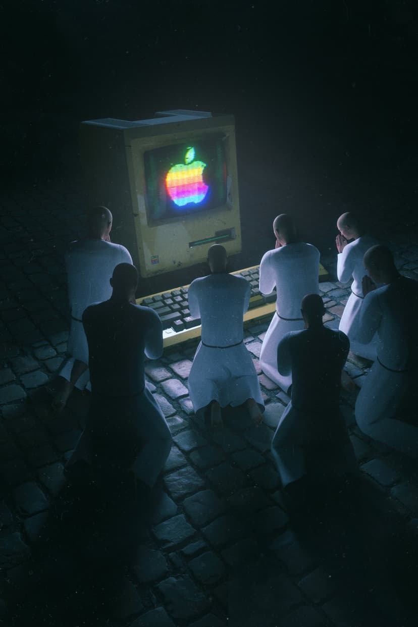 White-robed monks kneel in prayer before a glowing vintage computer screen displaying a rainbow logo in a dark room.
