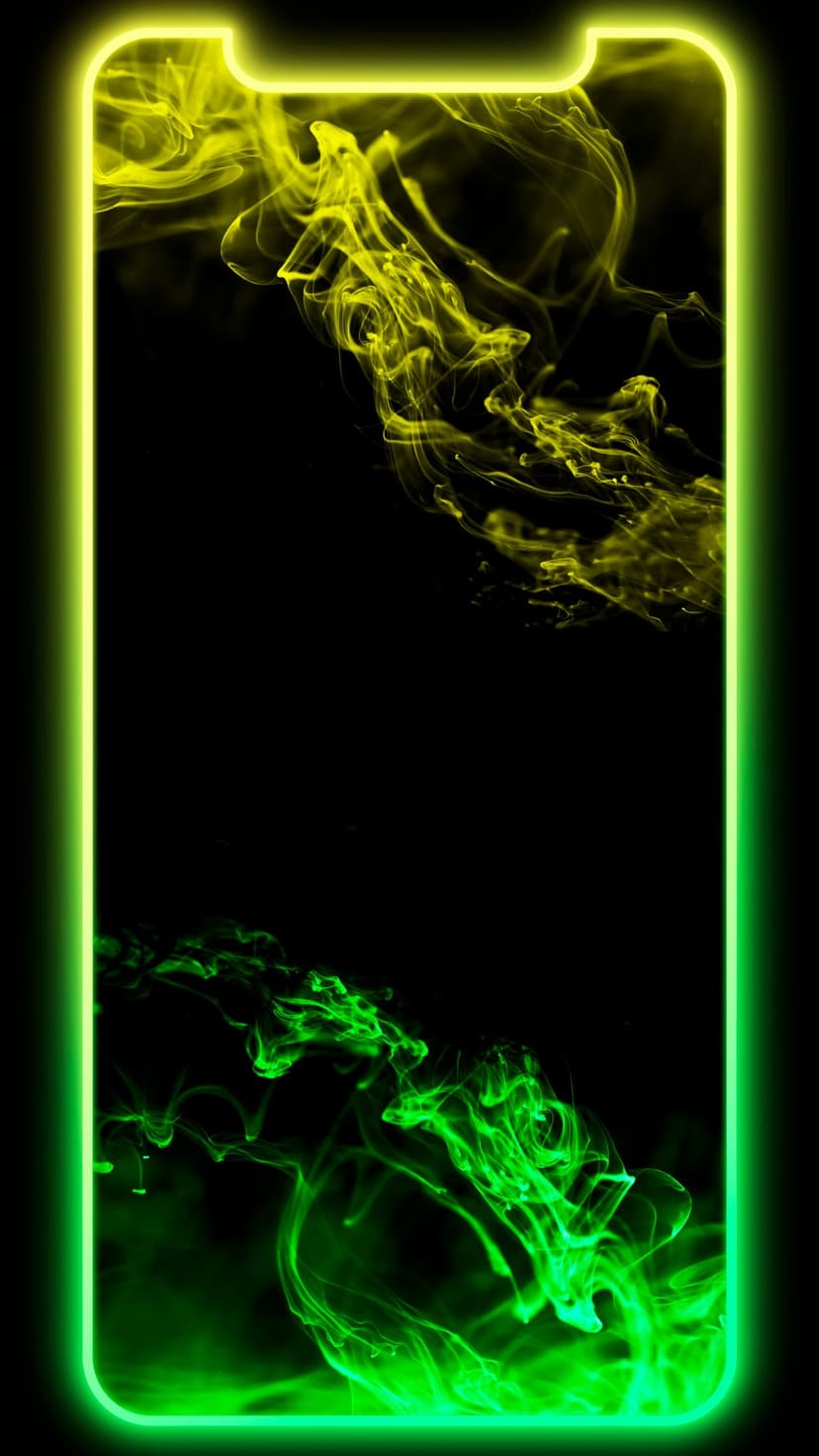 Neon green and yellow smoke swirls against a black background with a glowing light border around the edges.